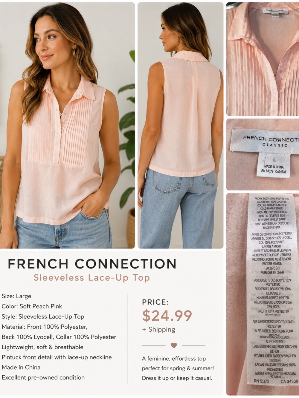 French Connection Soft Peach Pink Sleeveless Pintuck Lace-Up Top